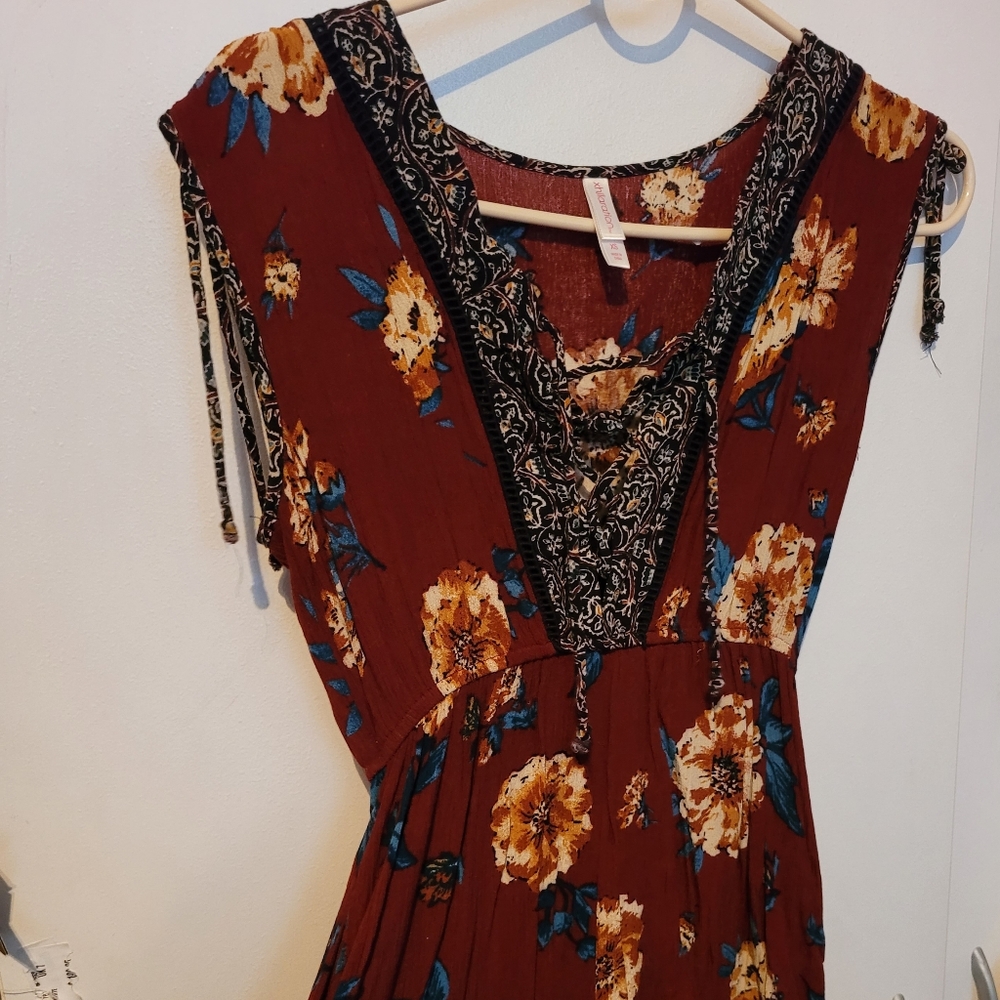 Burgundy yellow/orange tied dront romper from Target, only worn once. SZ XS